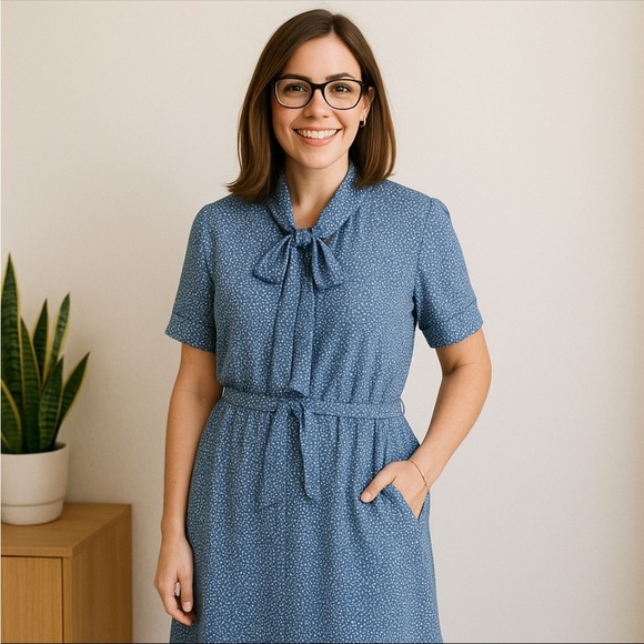 Vintage Liz Roberts Womens Blue White Polka Dot Tie Neck Dress Size 14 Retro 80s - Picture 1 of 11